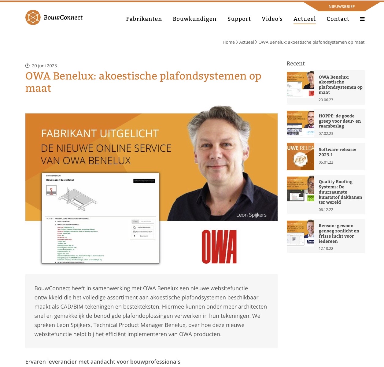 Leon Spijkers interview met BouwConnect afbeelding over de CAD/BIM-introductie van OWA Benelux akoestische plafonds